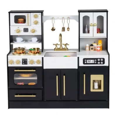 Costway Wooden Kids Kitchen Playset With Realistic Lights And Sounds-black