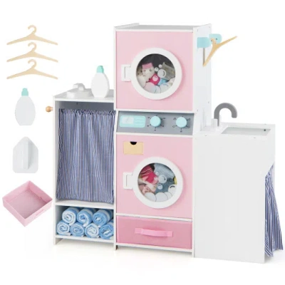 Costway Wooden Kids Laundry Playset With Laundry Detergent Bottle And Clothes Hangers-pink In Multi