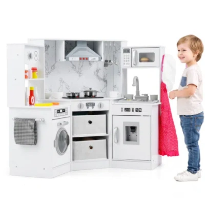 Costway Wooden Kids Play Kitchen Playset With Realistic Lights And Sounds-white In Multi