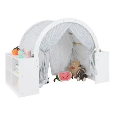 Costway Wooden Kids Play Tent With Curtain Shades And 8 Cubbies-white