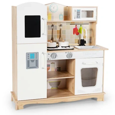 Costway Wooden Kids Pretend Kitchen Playset Cooking Play Toy With Utensils And Sound In White