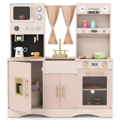 Costway Wooden Kids Pretend Play Toy Kitchen With Microwave And Coffee Maker For Boys & Girls Ages 3+-pink