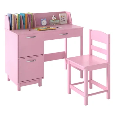 Costway Wooden Kids Study Desk And Chair Set Student Workstation-pink