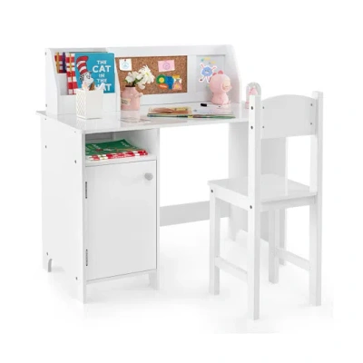 Costway Wooden Kids Study Desk And Chair Set With Storage Cabinet And Bulletin Board-white In Gray
