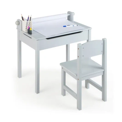 Costway Wooden Kids Table And Chair Set With Storage And Paper Roll Holder-gray