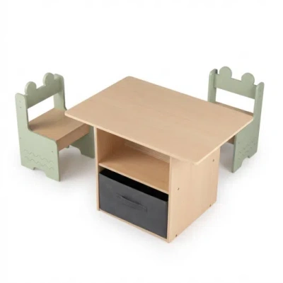 Costway Wooden Kids Table And Chairs Set With 2 Open Compartments-green In Multi