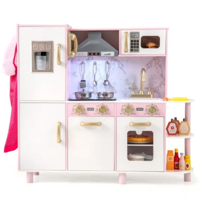 Costway Wooden Kitchen Playset With Ice Maker And Sounds For Ages 3+-pink In Multi