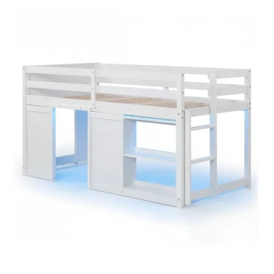 Costway Wooden Low Kids Loft Bed With Led Lights And 2 Doors-white In Animal Print