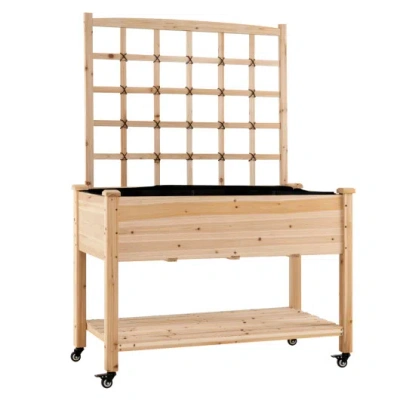 Costway Wooden Mobile Raised Garden Bed On Wheels With Trellis-natural In Pink