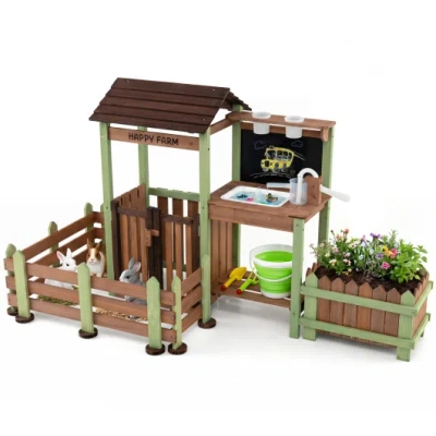 Costway Wooden Mud Farm Playset With Planter Box Lockable Yard And Faucet For 3+ Kids In Animal Print