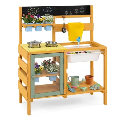 Costway Wooden Mud Kitchen For Toddlers With Faucet And Water Tank-yellow In Brown