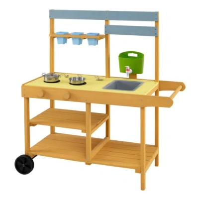 Costway Wooden Outdoor Mud Kitchen For Kids With Flowerpots And Wheels-yellow In Brown