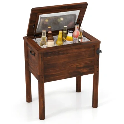 Costway Wooden Patio Cooler With 3 Handles And Bottle Opener-brown In Multi