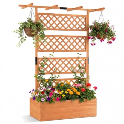 Costway Wooden Planter Box With Lattice Trellis Raised Garden Bed Privacy Screen With Flat Roof-orange In Brown