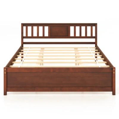 Costway Wooden Platform Bed With Headboard And Slat Support-queen Size In Brown