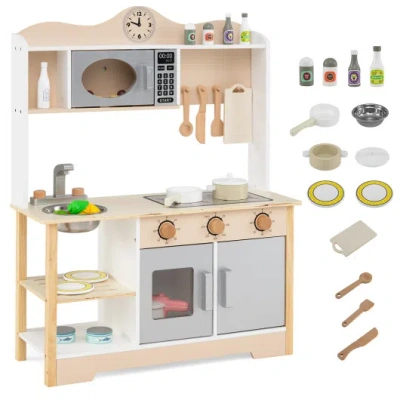Costway Wooden Play Kitchen Cooking Toy Playset For Kids-white In Brown