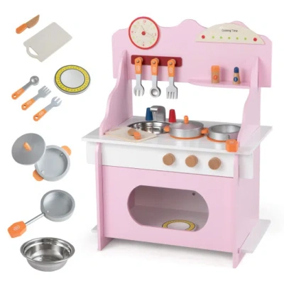 Costway Wooden Play Kitchen For Kids Pretend Play Toy Kitchen Set With Clock Gift For Boys And Girls 3 +pink In Multi