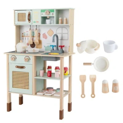 Costway Wooden Play Kitchen For Kids With Lights And Sounds Retro Style With Accessories-green In Multi