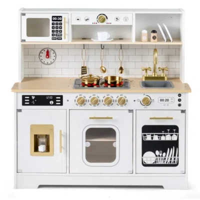 Costway Wooden Play Kitchen For Kids With Realistic Lights And Sounds-white In Multi