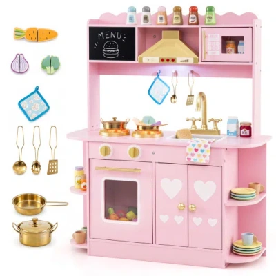 Costway Wooden Play Kitchen With Lights & Sounds And Stove Oven For Toddlers Ages 3+-pink