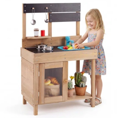Costway Wooden Play Pretend Kitchen With Stoves Storage Cabinet And Shelf In Brown