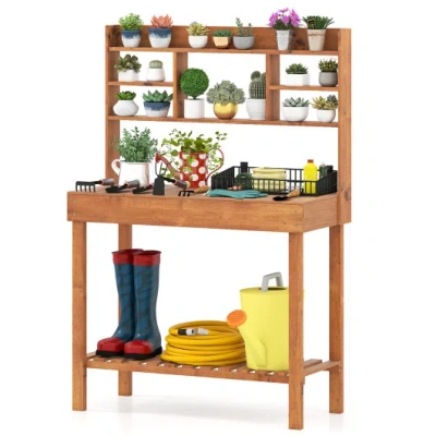 Costway Wooden Potting Bench Table Garden Planting Workstation With 3-tier Open Shelf-brown In Multi