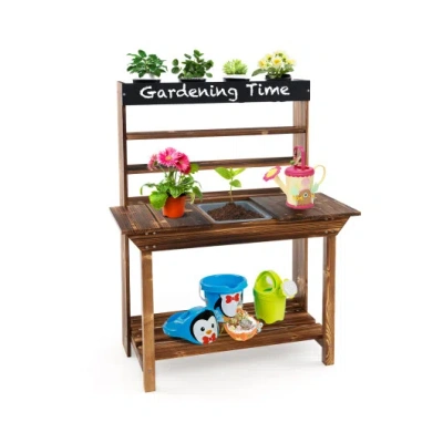 Costway Wooden Potting Bench Table Outdoor Mud Kitchen With Solid Fir Wood Frame-natural In Brown