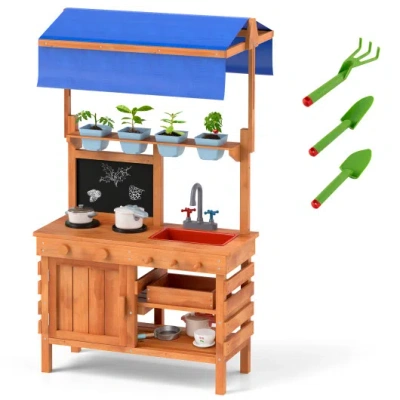 Costway Wooden Pretend Play Kitchen With Height Adjustable Canopy For Kids-natural In Multi
