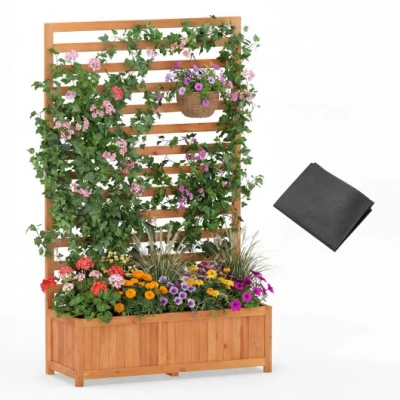 Costway Wooden Raised Garden Bed 59 Inch Tall Elevated Planter Box With Vertical Trellis-orange In Brown