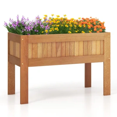 Costway Wooden Raised Garden Bed Solid Wood Elevated Planter Box With Legs In Brown