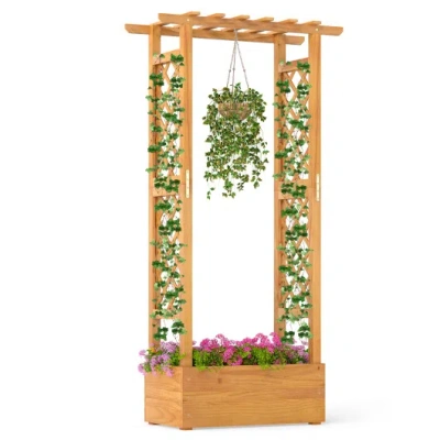 Costway Wooden Raised Garden Bed With Lattice Trellis And Hanging Roof-orange In Brown