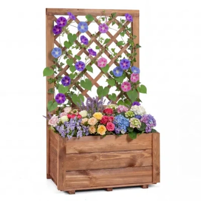 Costway Wooden Raised Garden Bed With Lattice Trellis Drainage Holes-orange In Brown