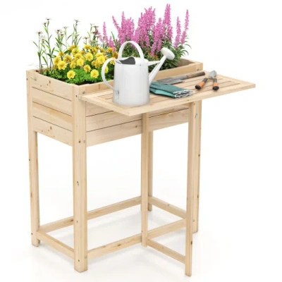 Costway Wooden Raised Garden Bed With Legs And Foldable Side Table In Animal Print