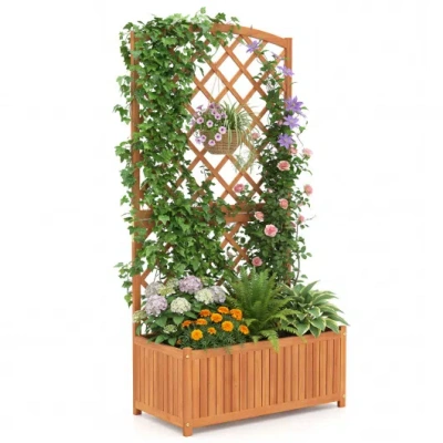 Costway Wooden Raised Garden Bed With Trellis 63 Inch Tall Garden Planter In Brown