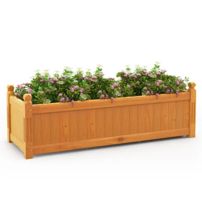 Costway Wooden Rectangular Garden Bed With Drainage System-natural In Orange