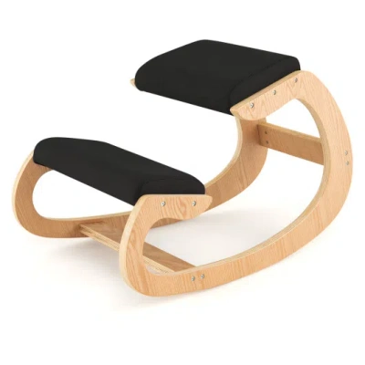 Costway Wooden Rocking Chair With Comfortable Padded Seat Cushion And Knee Support-black In Multi