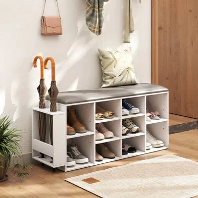 Costway Wooden Shoe Bench 10-cube Storage Organizer With Padded Cushion & Umbrella Holder White In White;gray