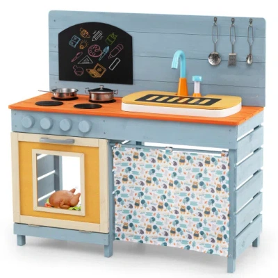 Costway Wooden Toy Kitchen Playset With Removable Circulation Faucet And Cooking Accessories-blue