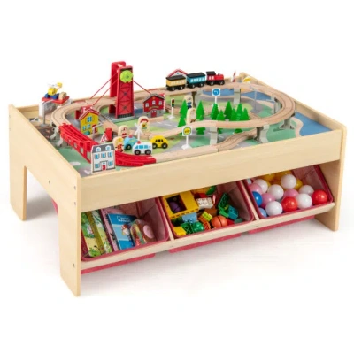 Costway Wooden Train Set Table Kids Multipurpose Activity Play Table With 2 Reversible Tabletops-red