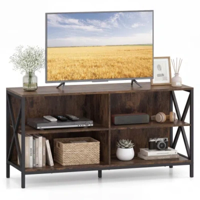 Costway Wooden Tv Stand Entertainment For Tvs Up To 55 Inch With X-shaped Frame-rustic Brown