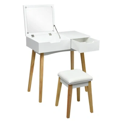 Costway Wooden Vanity Table With Flip Top Mirror And Cushioned Stool In White
