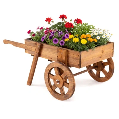 Costway Wooden Wagon Planter With Wheels For Indoor And Outdoor Use-brown