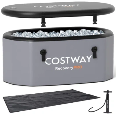 Costway Xl 129 Gal Oval Ice Bath Tub With Cover And Hand Pump For Athletes-gray