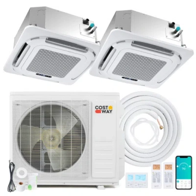 Costway X-pro 18000 Btu 2 Zone 24 Seer2 Ceiling Cassette Mini Split Ac-9k + 9k In White