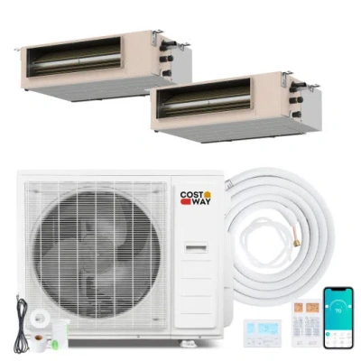 Costway X-pro 35000 Btu 2 Zone 22.5 Seer2 Concealed Ducted Mini Split Ac-12k + 12k In Neutral