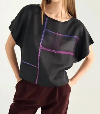 Cotélac Cap Sleeves Raw-edged Boat Neckline Top In Graphic Patchwork In Blue