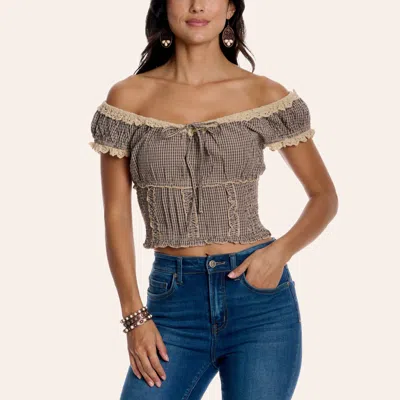 Cotton & Rye Women's Black Gingham Print Lace Trim Smocked Top In Brown