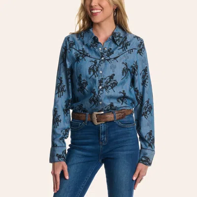 Cotton & Rye Women's Blue Denim Buckaroo Print Long Sleeve Pearl Snap Western Shirt