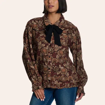 Cotton & Rye Women's Brown Floral Print Bow Tie Bishop Sleeve Top In Multi