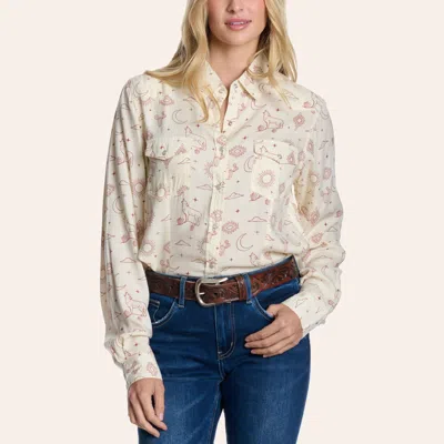 Cotton & Rye Women's Cream Coyote Print Long Sleeve Pearl Snap Western Shirt In White